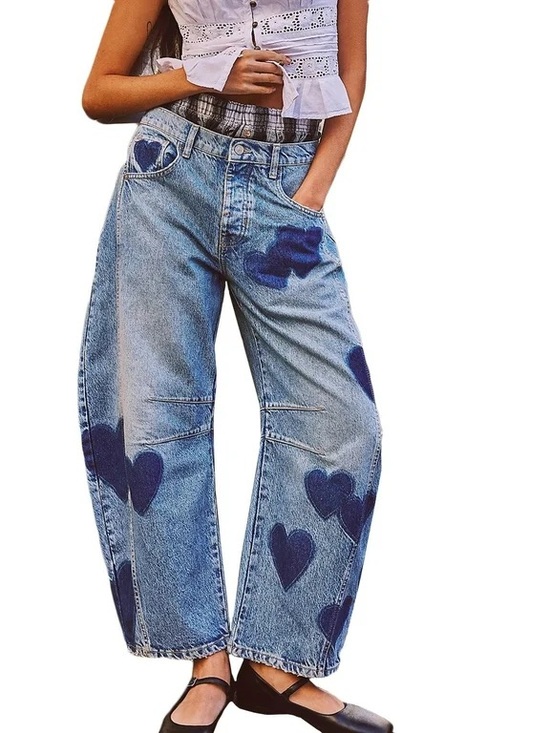 difdandy Denim - Difdandy Light Wash Heart Print Barrel Jeans Size M